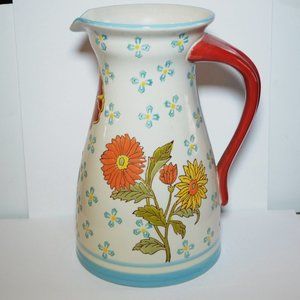 Dutch Wax Flower Print Pitcher Or Vase Blue White Oragne Handle Ceramic